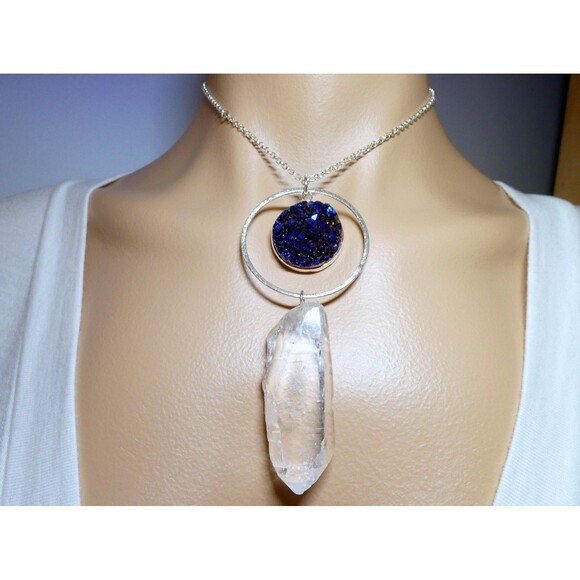 Natural Rock Crystal Quartz Point Titanium Blue Quartz Silver Necklace - Picture 3 of 6